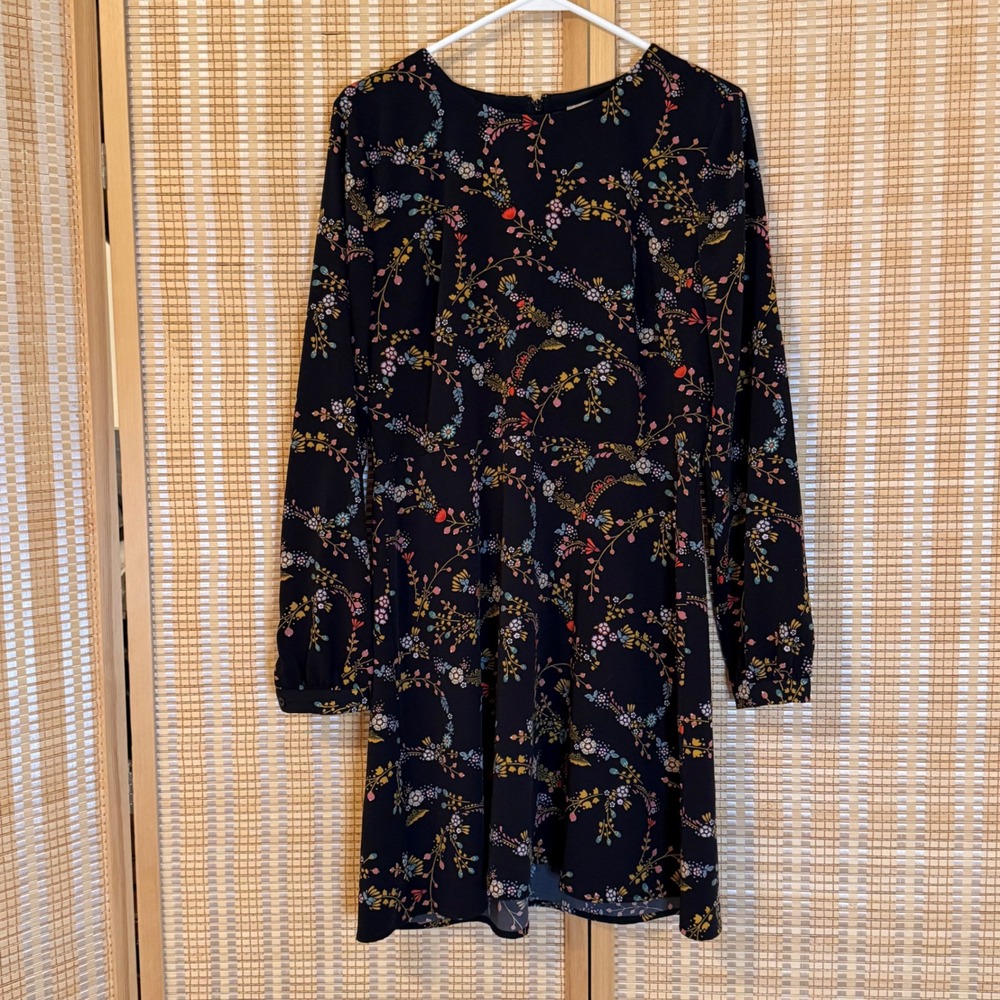 LOFT Womens Black Floral Long Sleeve‎ Mini Shift Dress Size 8 Cottagecore Artsy